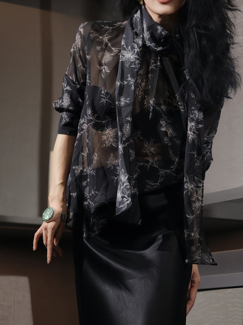 100% Mulberry Silk Sheer Floral Print Bow-Tie Blouse – Luxury Lightweight Silk Shirt for Women