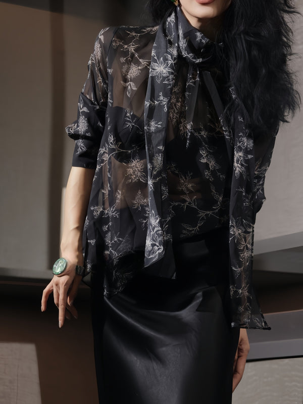 100% Mulberry Silk Sheer Floral Print Bow-Tie Blouse – Luxury Lightweight Silk Shirt for Women