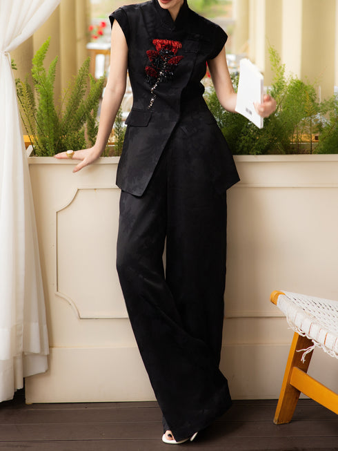 Luxury Beaded Jacquard Mandarin-Collar Vest & Wide-Leg Pants Set – Vintage Inspired Two-Piece Suit