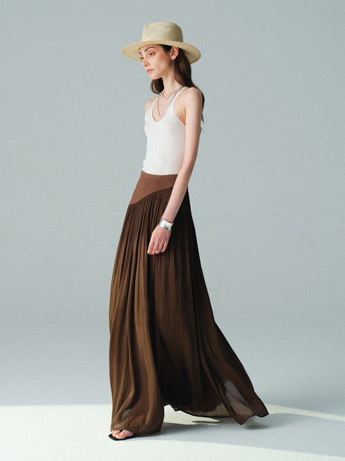 Pearlescent Island Silk Asymmetric Waist Bias-Cut Maxi Skirt – Fluid Pleated A-Line Silhouette