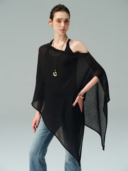 Linen-Blend Sheer Asymmetric Knit Cape – Multi-Way Lightweight Draped Poncho
