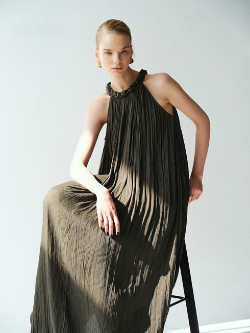 Lustre Island-Silk Pleated Halter Maxi Dress – Hand‑Braided Neckline A‑Line Sleeveless Dress