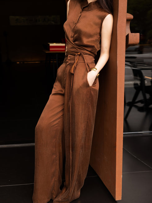 Vintage-Inspired Cupro Stand-Collar Wrap Top & Wide-Leg Pants Set – Elegant Summer Two-Piece