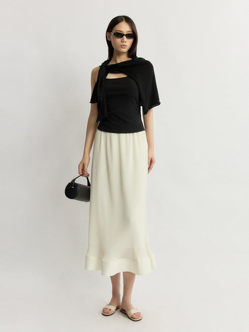 Miyake-Inspired Pleated Petal Sleeveless Top & Midi Skirt Set – Vanilla Cream Sculptural Ensemble