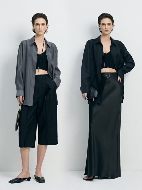 Sheer TENCEL Wool Relaxed Oversized Shirt - Luxe Lightweight Draped Blouse
