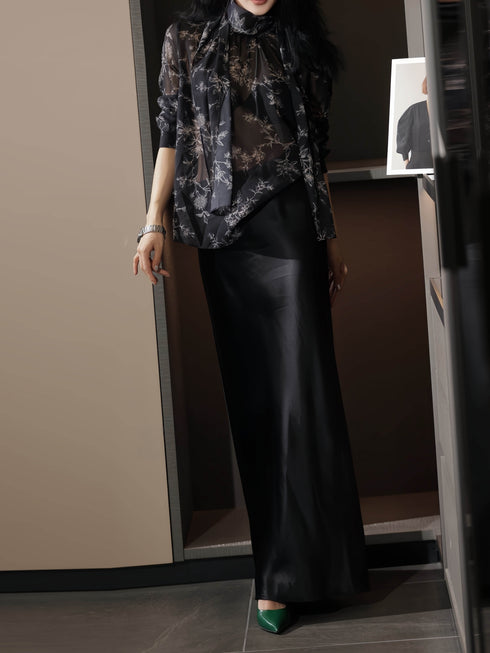 100% Mulberry Silk Sheer Floral Print Bow-Tie Blouse – Luxury Lightweight Silk Shirt for Women