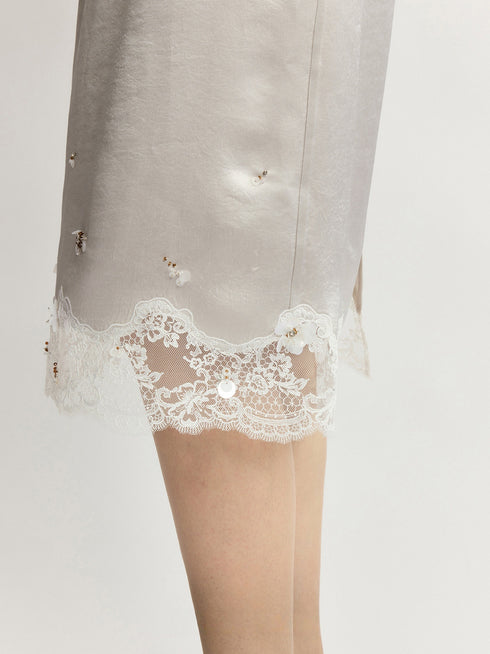 Cool-Touch Crinkled Acetate Beaded Lace Straight Midi Skirt