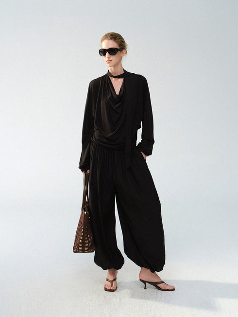 Lyocell Acetate Linen Draped Cowl-Neck Tie Blouse – Relaxed Minimalist Long Sleeve Top