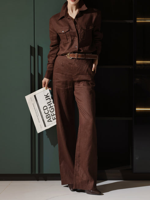100% Linen Relaxed Shirt & Wide-Leg Pants Set – Luxury Summer Linen Two-Piece Outfit