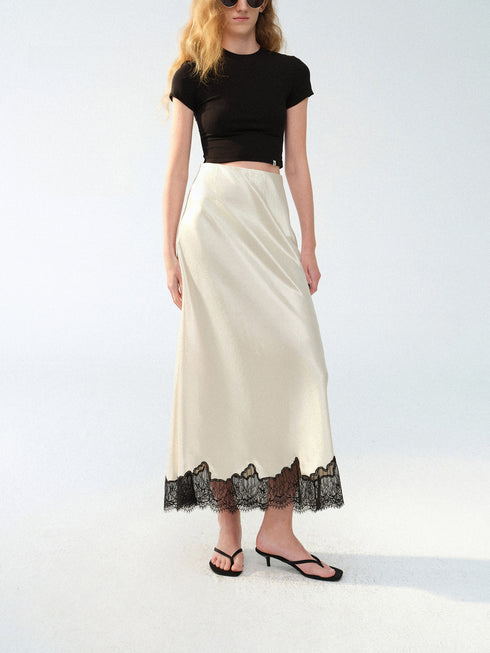 Acetate Satin Bias-Cut Lace Hem Midi Skirt – Luxury Fluid Draped Slip Skirt