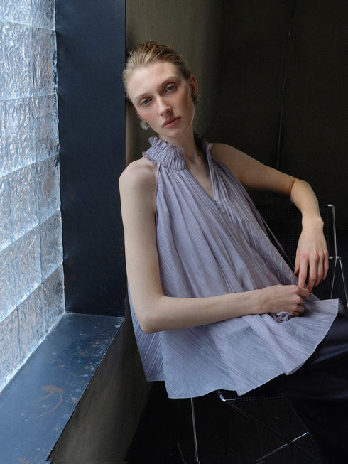 Lyocell–Acetate Blend Halter Ruffle Blouse – Pleated Draped Sleeveless Statement Top