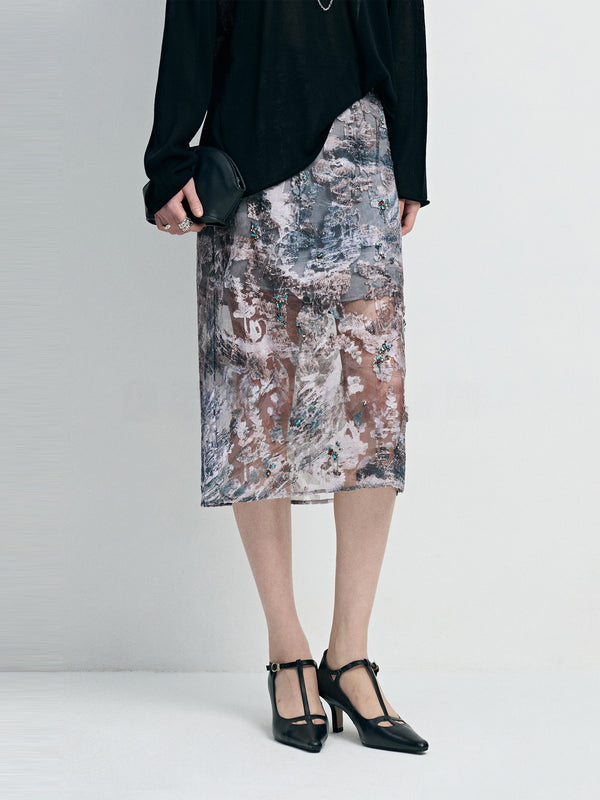 Hand-Beaded Burnout Floral Mesh Layered Midi Skirt - Detachable Double-Layer Sheer Statement Skirt