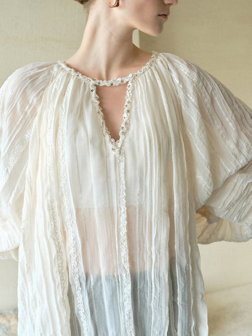 Sequin-Embellished French Pleated Chiffon Blouse – Ethereal Bohemian Sheer Goddess Top