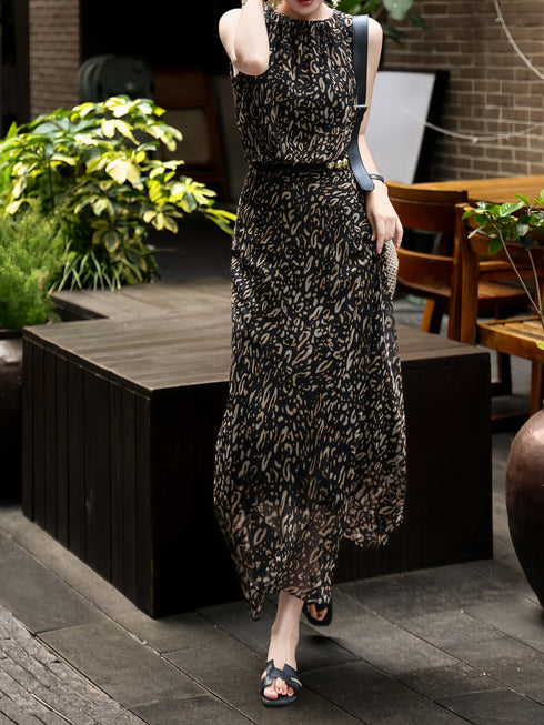 French Elegant Leopard Print Maxi Dress – Sleeveless Cinched Waist Flowing Summer Dress