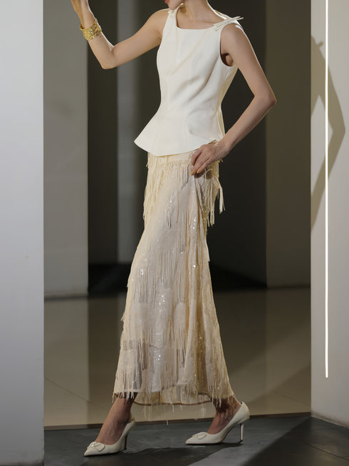 French Hepburn Bow-Strap Peplum Top & Sequin Fringe Midi Skirt Set – Elegant Evening Two-Piece