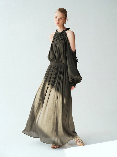 Luminous Muse Glossy Island Silk Halter Neck Cutout-Shoulder Pleated Maxi Dress