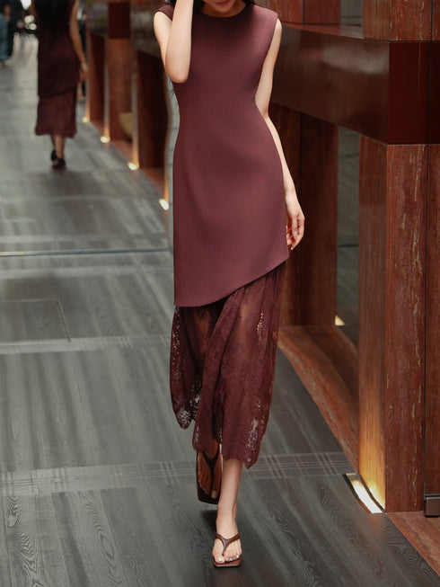 French Elegance Lace Patchwork Sleeveless Maxi Dress – Slim Waist Layered Summer Dress