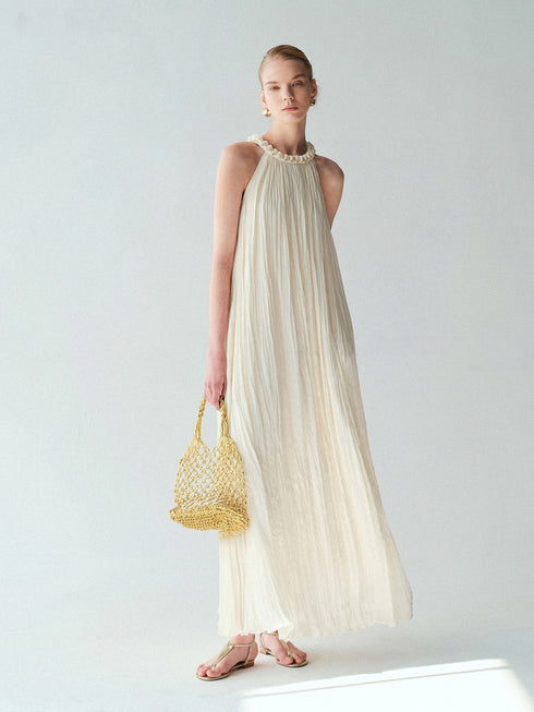 Lustre Island Silk Hand-Braided Halterneck Maxi Dress – Sleeveless Micro A-Line Resort Gown