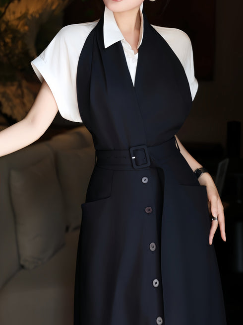 Elegant Halter Waist-Cinched Midi Dress & Blouse Two-Piece Set – Refined Office Lady Style