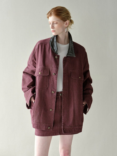 Vintage Barn-Style Washed Denim Jacket with Leather Collar – Heavyweight Distressed Workwear Coat