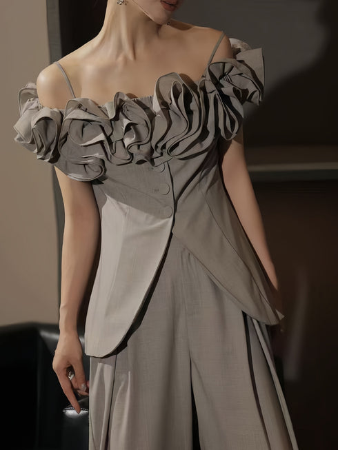 Off-Shoulder Ruffle Sculpted Top & Wide-Leg Pants Set – Designer Draped Two-Piece Ensemble