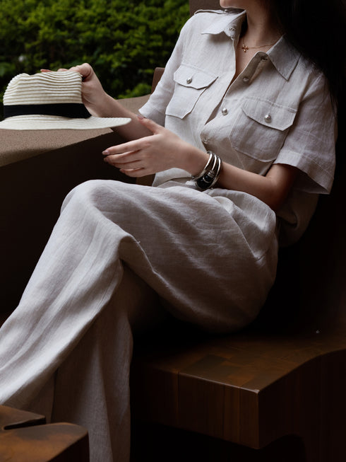 Women's Luxury Linen Two‑Piece Set – Short Sleeve Safari Shirt & Wide‑Leg Trousers