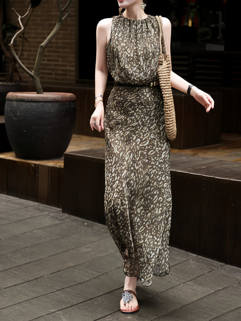 French Elegant Leopard Print Maxi Dress – Sleeveless Cinched Waist Flowing Summer Dress