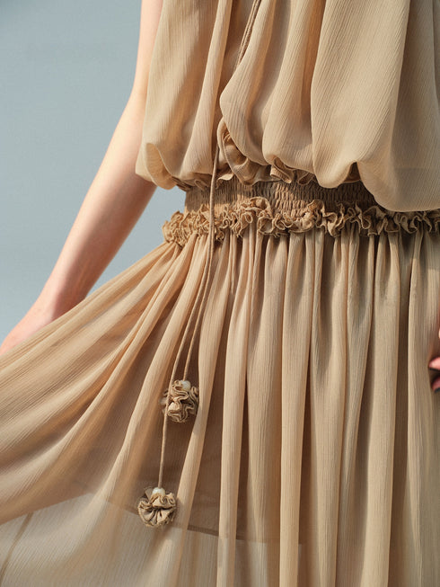 French Ruffle Halter Chiffon Maxi Dress – Pleated Tie-Neck Sleeveless Flowing Dress