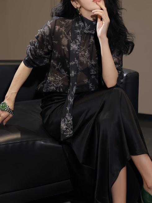 100% Mulberry Silk Sheer Floral Print Bow-Tie Blouse – Luxury Lightweight Silk Shirt for Women