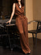 Vintage-Inspired Cupro Stand-Collar Wrap Top & Wide-Leg Pants Set – Elegant Summer Two-Piece