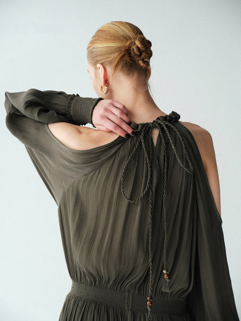 Luminous Muse Glossy Island Silk Halter Neck Cutout-Shoulder Pleated Maxi Dress