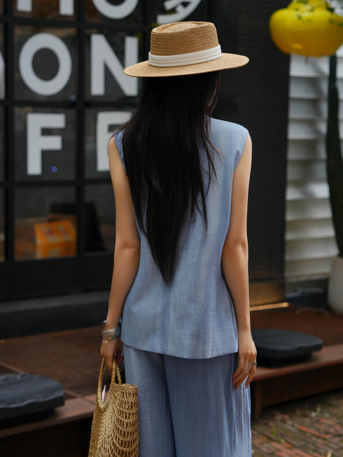 French Minimalist Cross-Front Sleeveless Top & Wide-Leg Pants Set – Elegant Relaxed Two‑Piece Outfit