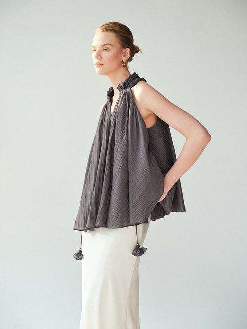 Lyocell–Acetate Blend Halter Ruffle Blouse – Pleated Draped Sleeveless Statement Top