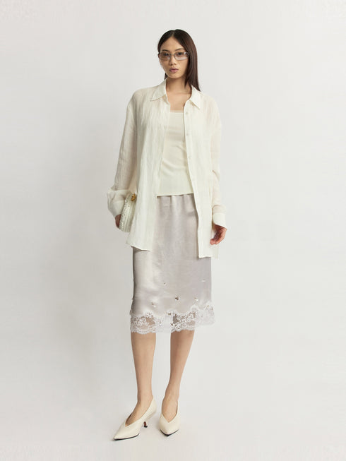 Cool-Touch Crinkled Acetate Beaded Lace Straight Midi Skirt