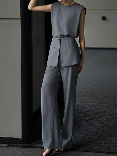 French Minimalist Sleeveless Top & Detachable Overskirt Wide-Leg Pants Set – Elegant Tailored Summer Two‑Piece