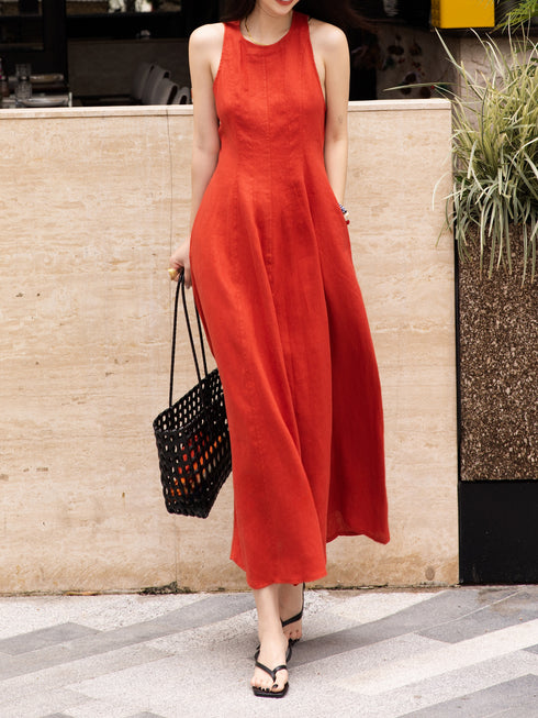 French Waist‑Defined Linen Midi Dress – Sleeveless A‑Line Summer Dress for Petite Women