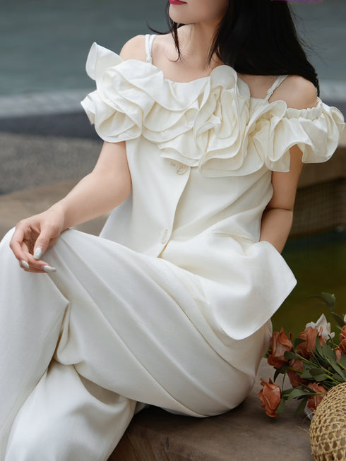 Off-Shoulder Ruffle Tencel Wool Top & Wide-Leg Pants Set – Sculpted Camisole Suit