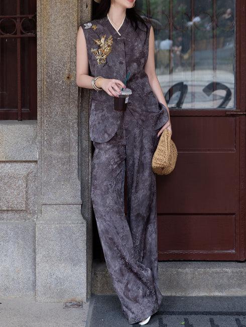 Vintage Jacquard Silk-Blend Beaded Vest & Wide-Leg Pants Set – Elegant Tailored Two‑Piece Suit