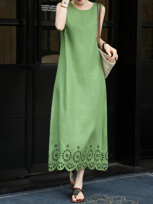 100% Linen Sleeveless Midi Dress – Vintage Cutout Hem Summer Waist-Defined Dress