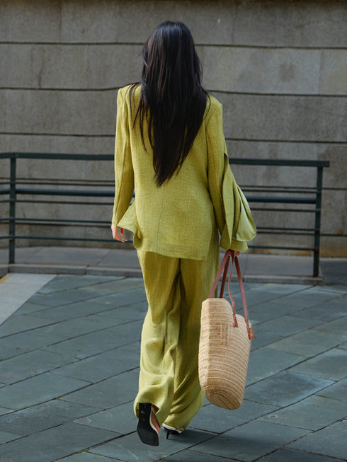 Relaxed Tailored Blazer & Wide-Leg Pants Set – Textured Viscose Three-Piece Suit with Draped Belt Panel