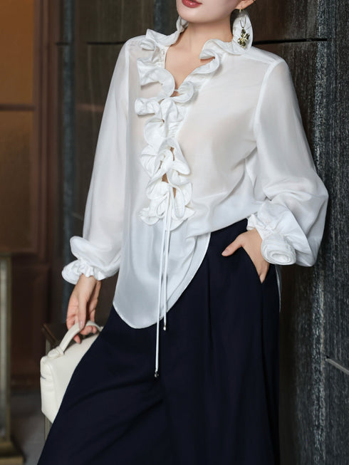 Romantic White V‑Neck Ruffle Tie Blouse – Sculpted Rose Trim Long Sleeve Vintage Shirt