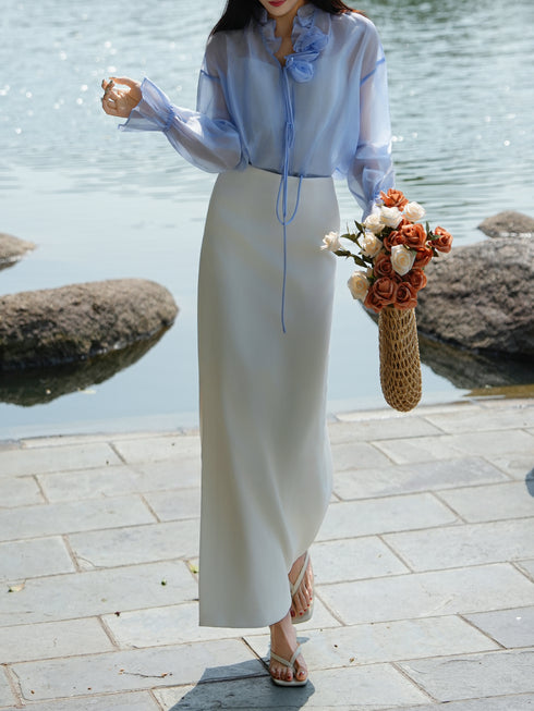 French Ruffle V-Neck Sheer Blouse – Elegant Lightweight Long Sleeve Summer Sun‑Protection Top