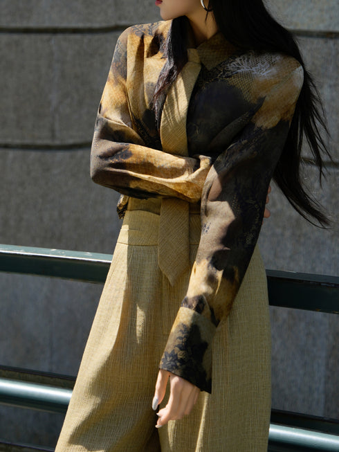 Vintage Printed Silk Blouse with Tie & High-Waist Wide-Leg Trousers Set – Elegant Workwear Ensemble