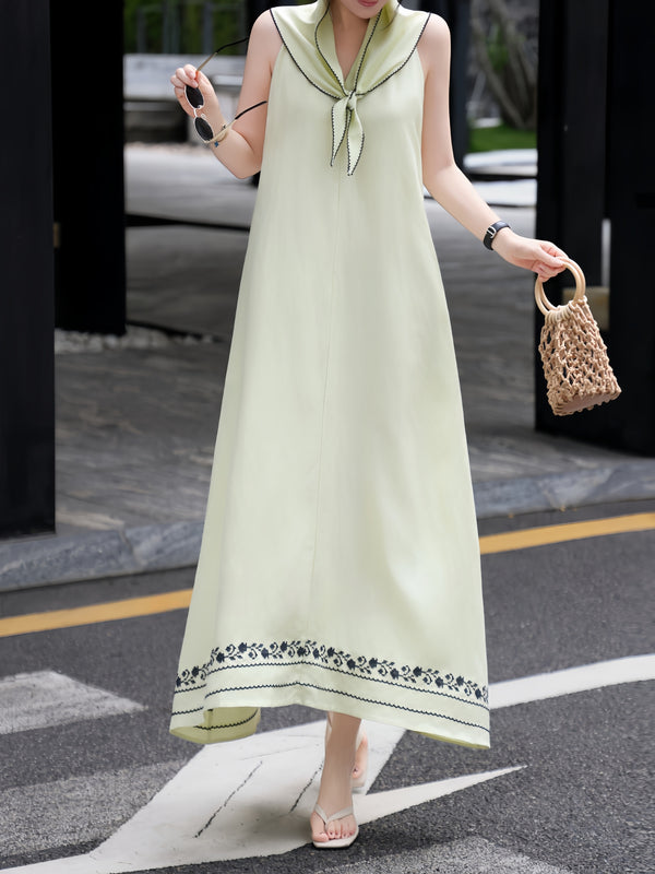Linen Embroidered Halter Maxi Dress – Scarf Tie Neck Resort Vacation Dress