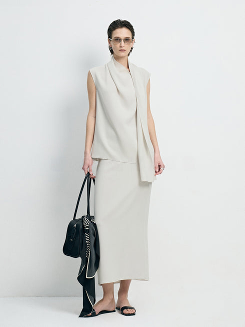 Quiet Luxury Cooling Acetate Asymmetric Scarf Blouse & Midi Skirt Set