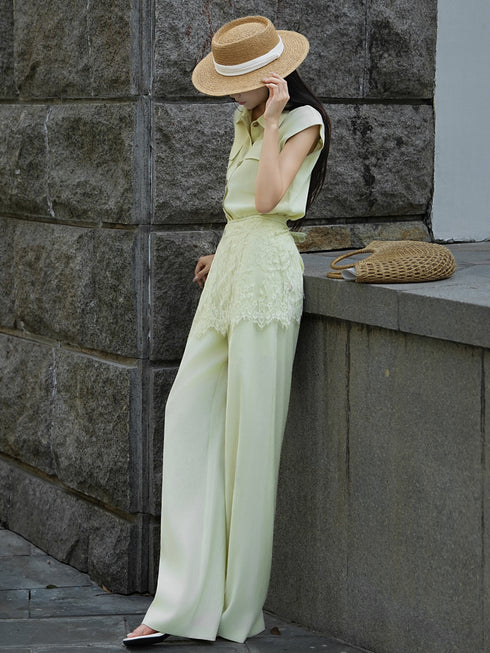 Old Money Relaxed Sleeveless Vest & Lace Overlay High‑Waisted Wide‑Leg Pants Three‑Piece Set