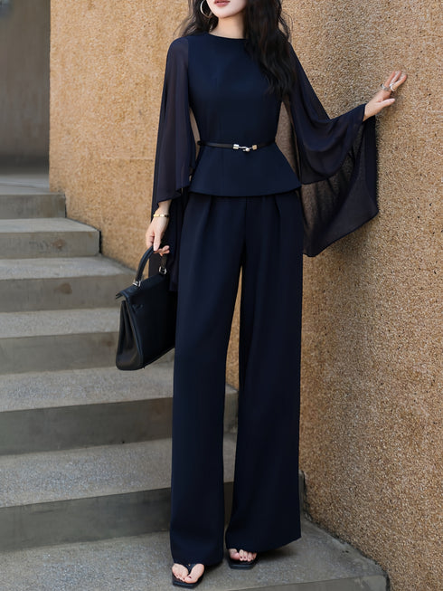Designer Cape-Sleeve Sheer Panel Top & Wide-Leg Pants Set – Elegant Office Two‑Piece Suit