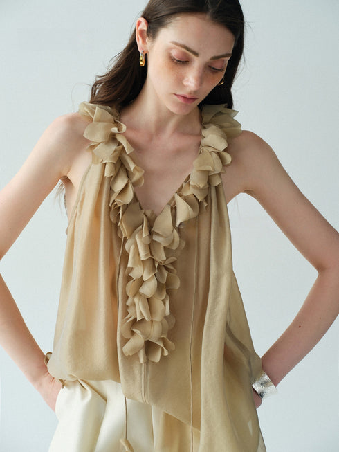 Luxury Cupro-Blend Ruffle V-Neck Draped Sleeveless Camisole Top