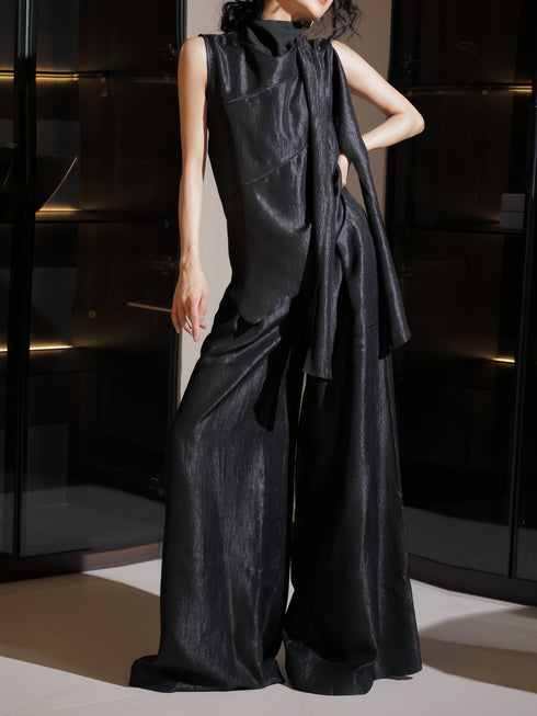 French Elegant Draped Cape Top & Wide-Leg Pants Set – Luxury Minimalist Statement Two-Piece