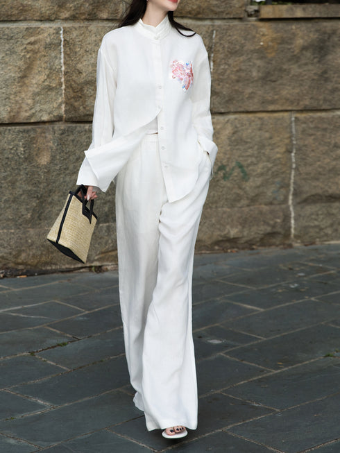 100% Linen Relaxed Embroidered Shirt & Wide-Leg Pants Set – Luxury Linen Two-Piece Outfit